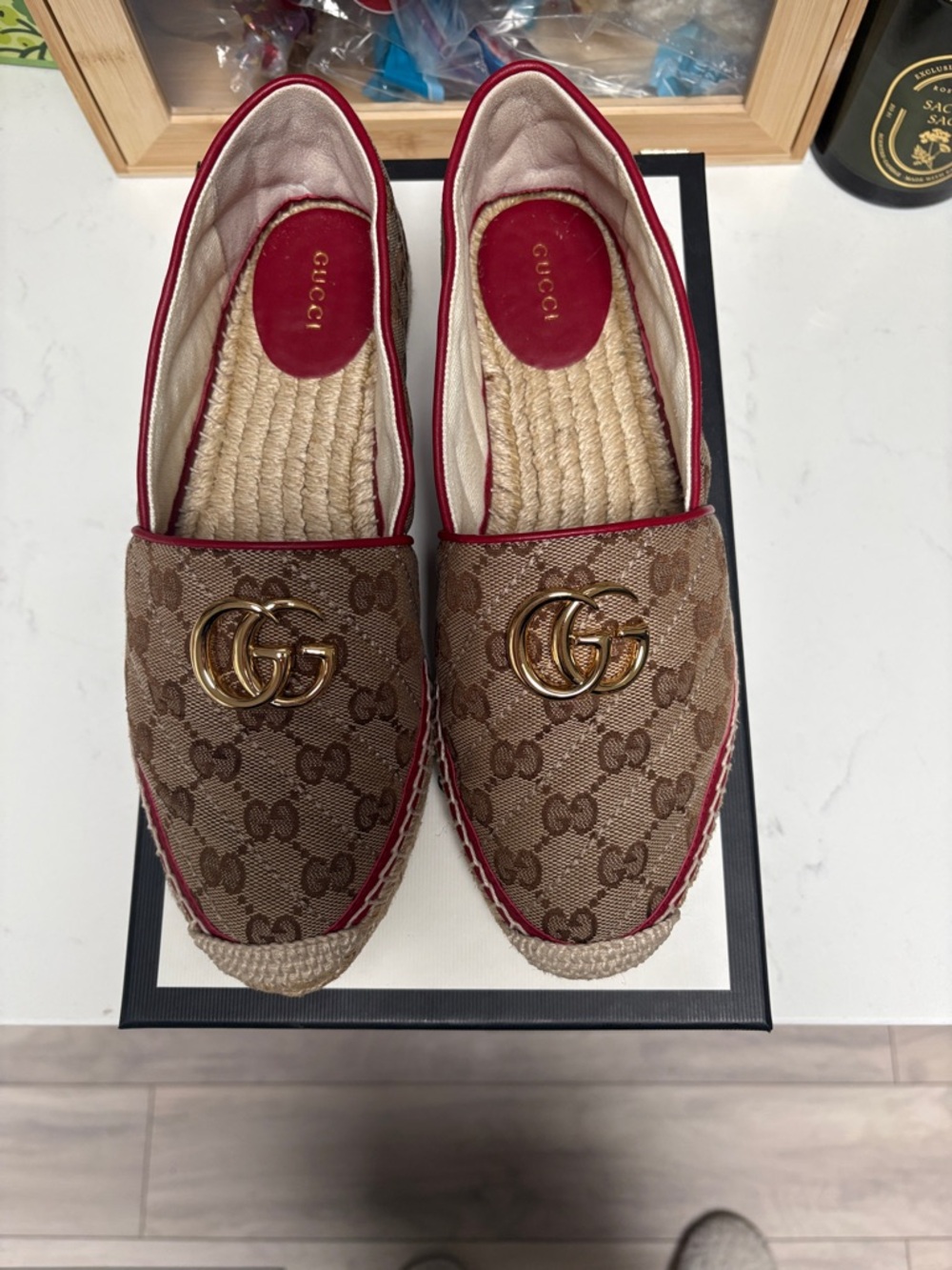 NEW Gucci Brown GG Canvas Espadrille Loafers with Red Trim and Gold Hardware